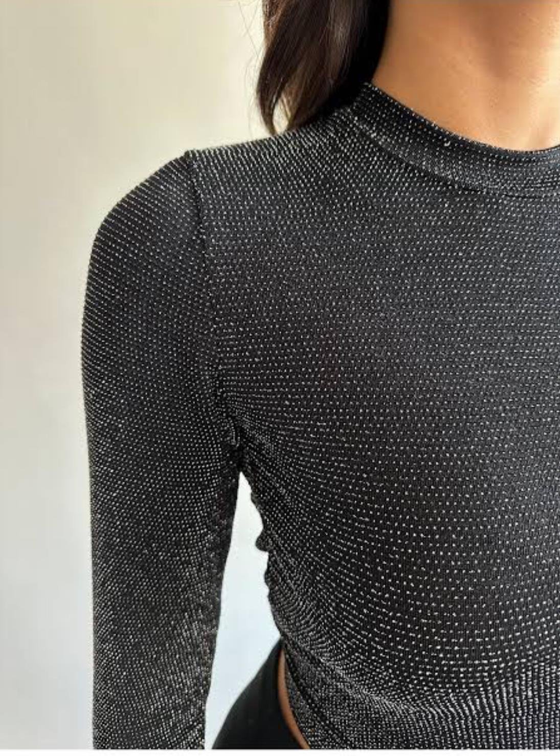 Simli bisiklet yaka likralı şık bluz