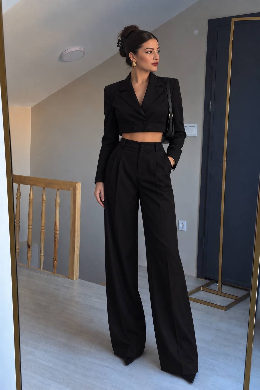 Siyah crop ceket pantolon ikili takım
