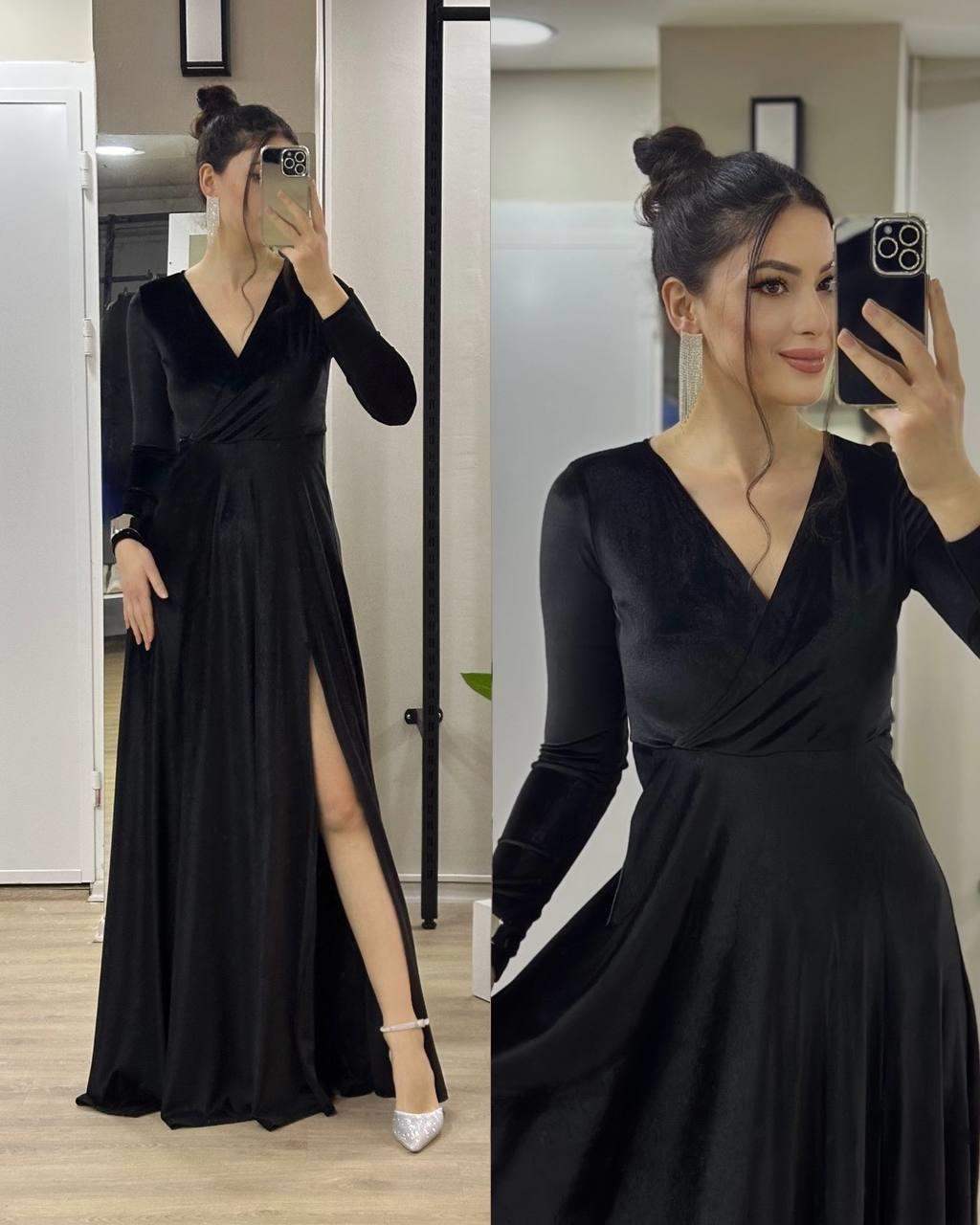 Siyah kadife yırtmaçlı maxi abiye