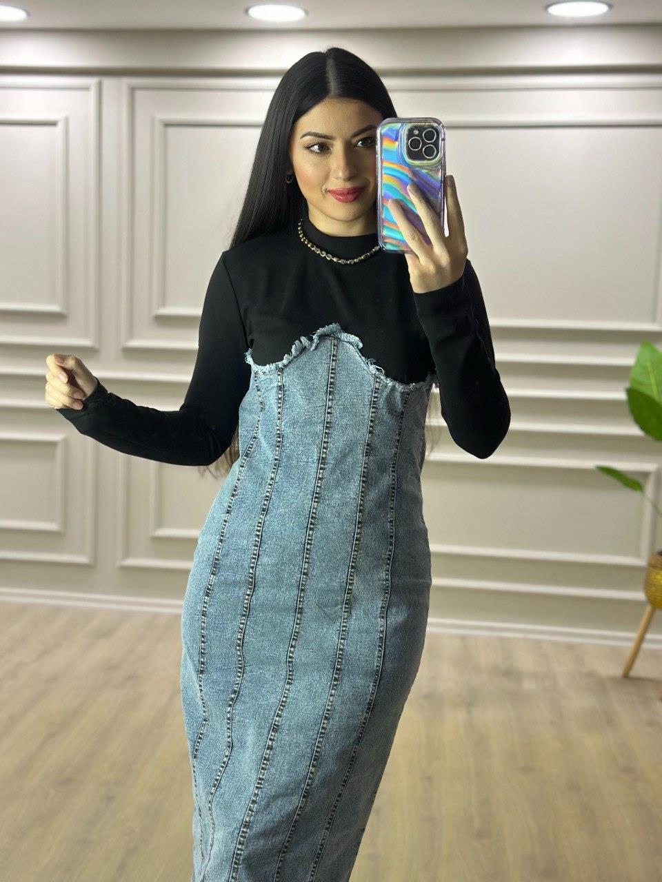 Siyah likralı bluz ve jean etek birleşik denim elbise