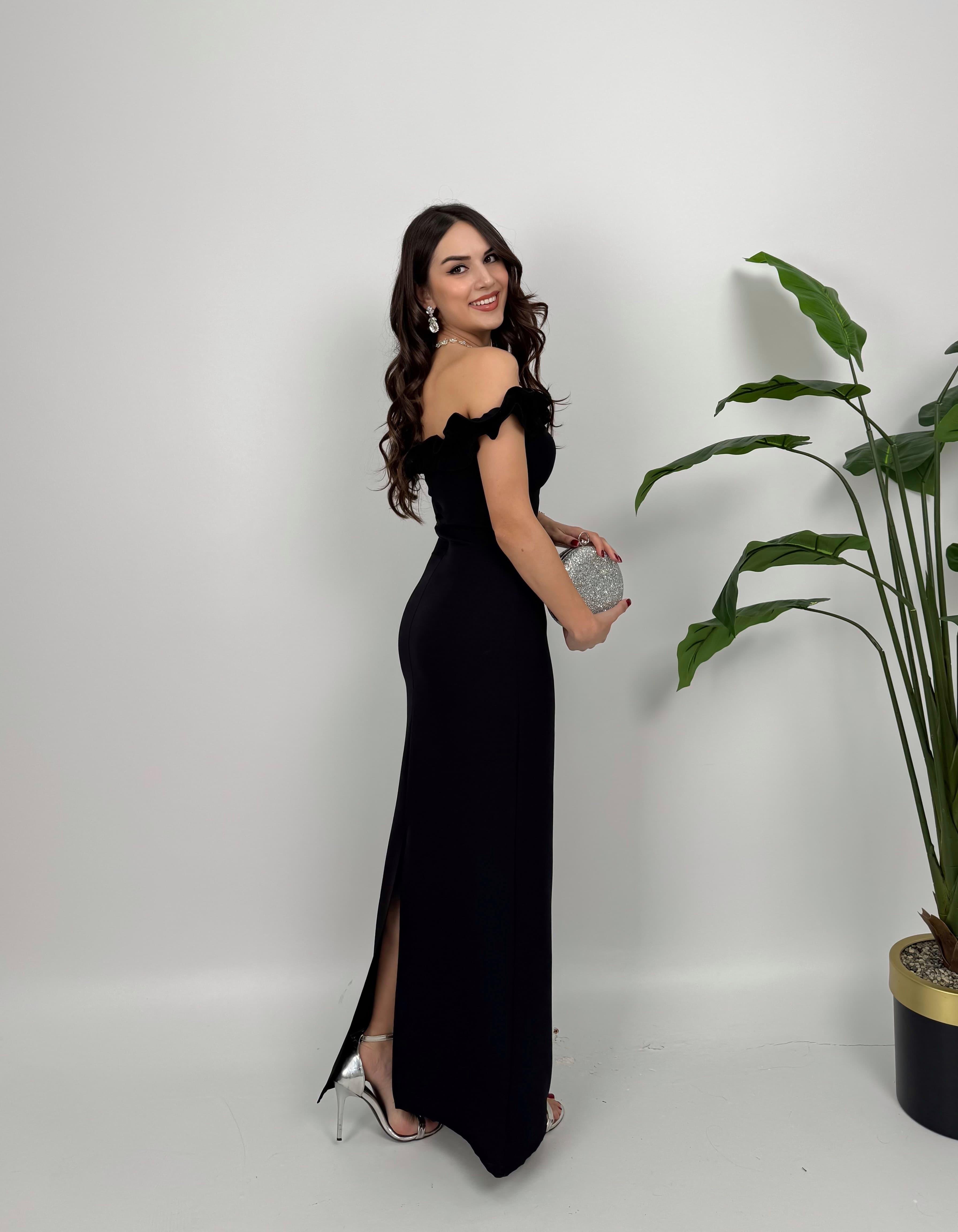 Siyah madonna yaka fırfırlı uzun kalem abiye