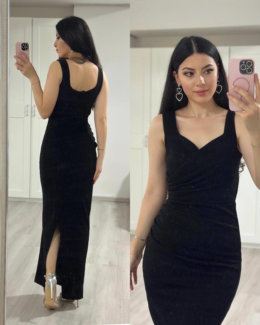 Siyah simli likralı kalp yaka uzun abiye