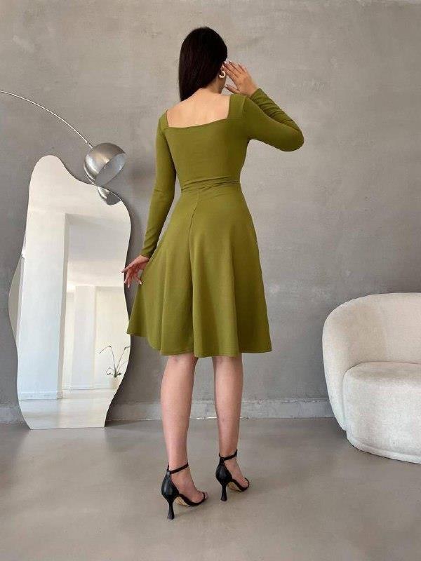 Yağ yeşili ithal krep vintage düğmeli midi boy kloş elbise