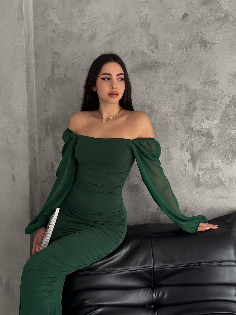 Yeşil şifon kol sandy kumaş büzgülü likralı uzun elbise