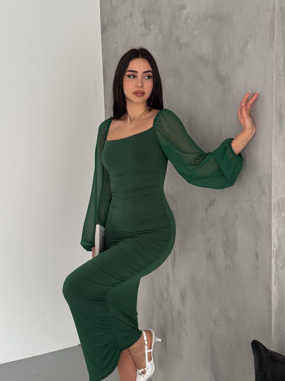 Yeşil şifon kol sandy kumaş büzgülü likralı uzun elbise