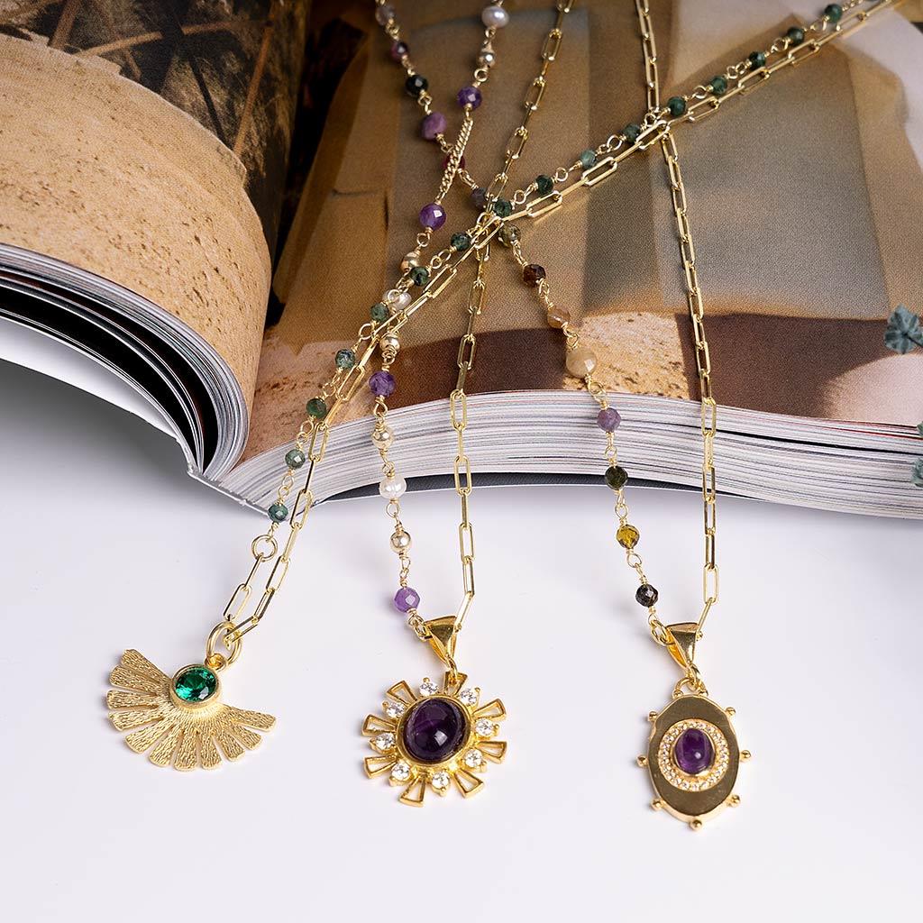 Ametist ve İnci Taşlı Ataç Kolye