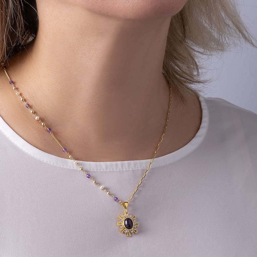 Ametist ve İnci Taşlı Ataç Kolye