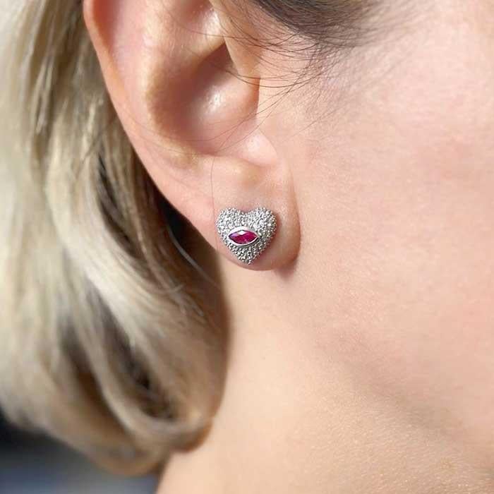 Fuşya Markiz Taşlı Kalp Küpe