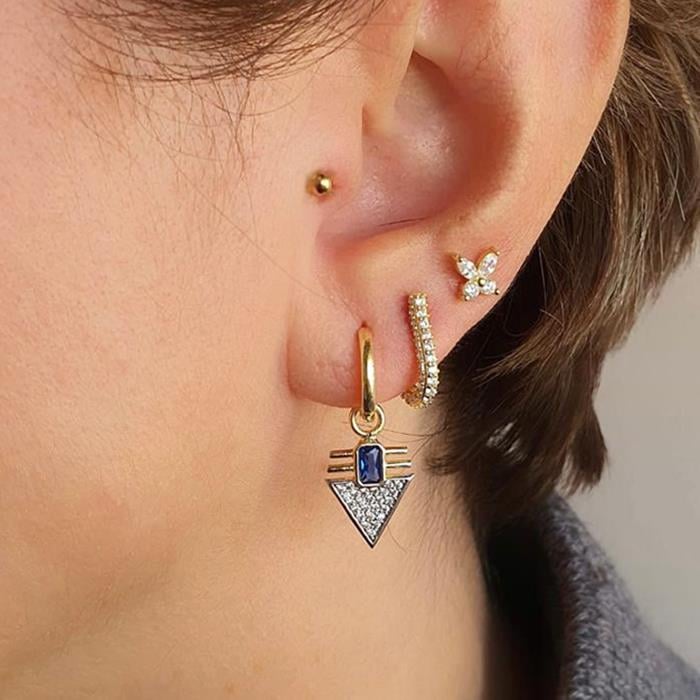 Mavi Baget Taşlı Üçgen Küpe