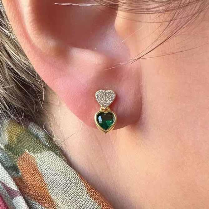 Mini Yeşil Taşlı Kalp Küpe