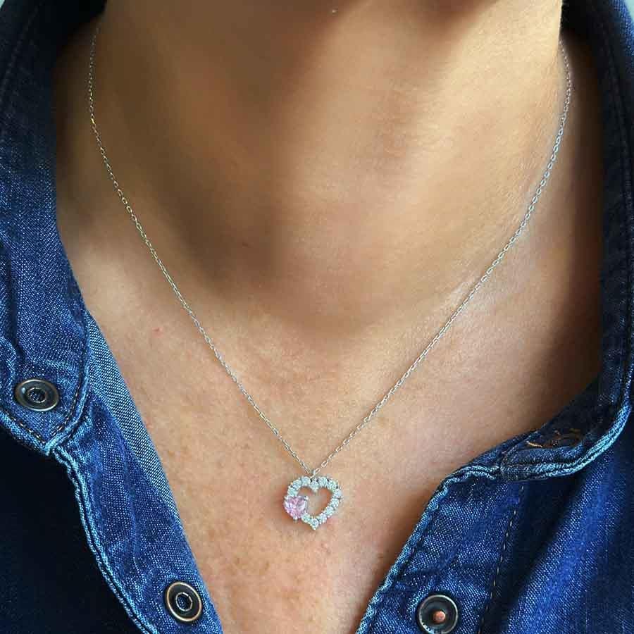 Pembe Kalp Taşlı Kolye