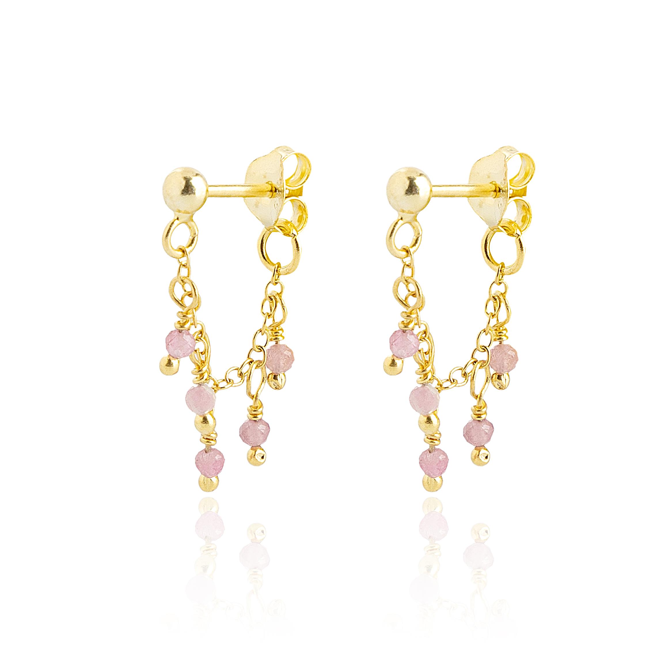 Pembe Turmalin Taşlı Mini Zincir Küpe