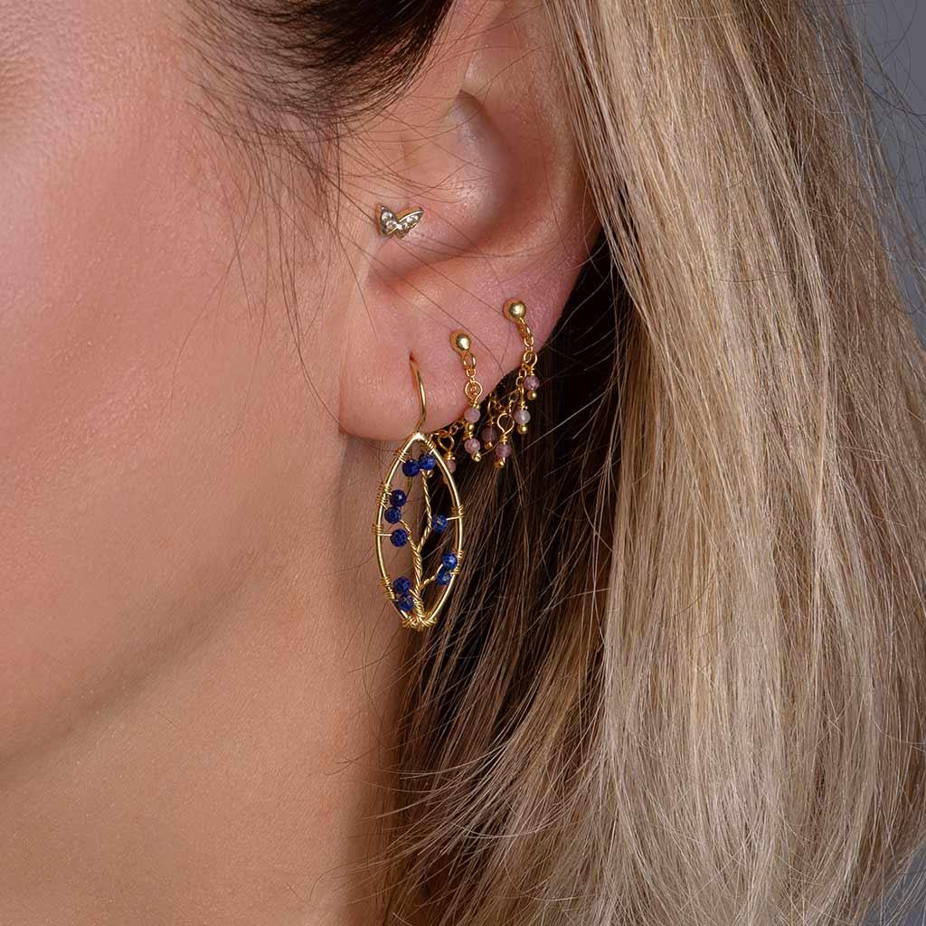 Pembe Turmalin Taşlı Mini Zincir Küpe