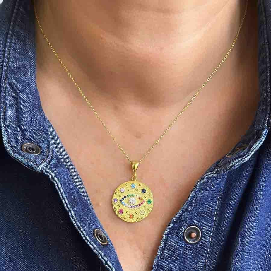Renkli Taşlı Göz Coin Kolye