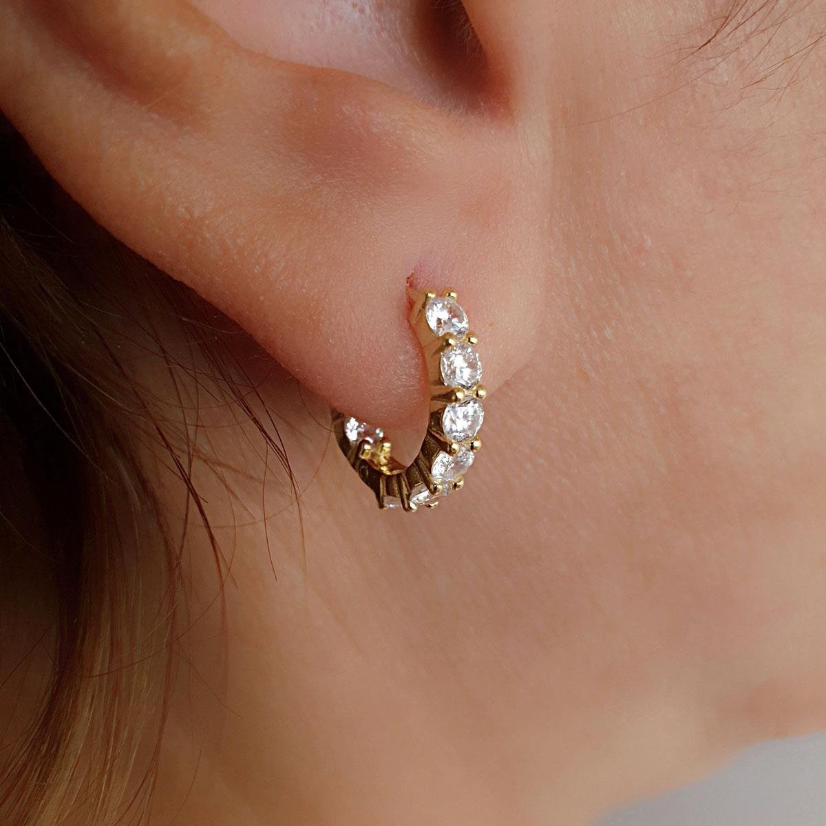 Sıralı Taşlı Mini Halka Küpe Gold