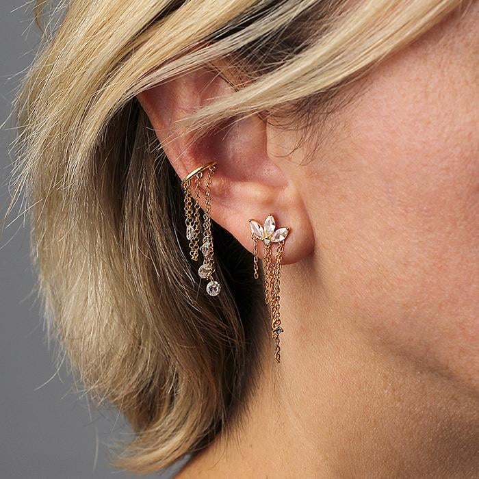 Taşlı Zincirli Cuff Küpe