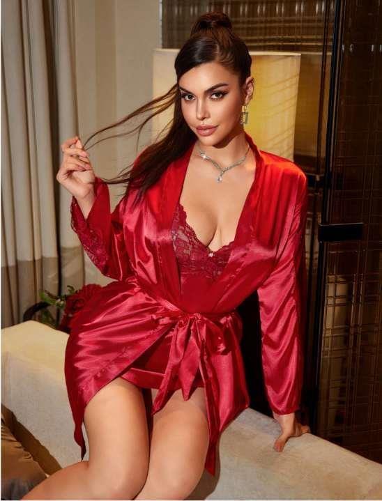 Arias Closet Bordo Dantel İşlemeli İnce Askılı Saten 2'li Gecelik Sabahlık Takımı