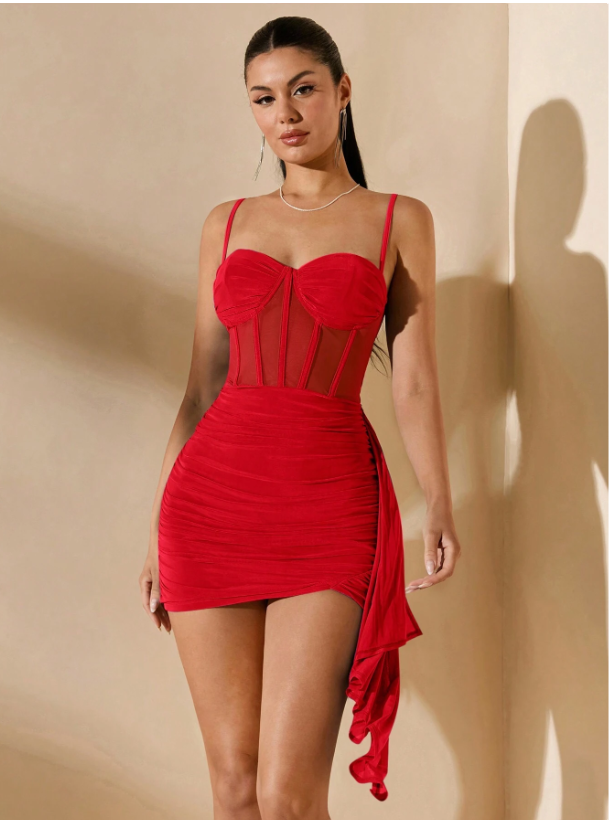Arias Closet Özel Şık Tasarım Kırmızı Korse Görünümlü Mini Club Elbisesi