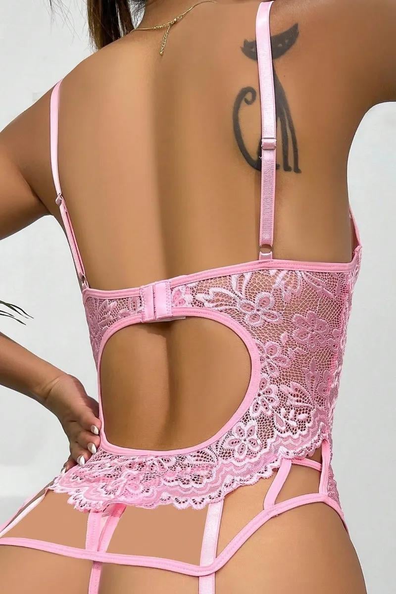 Aria's Closet Özel Tasarım Dantelli Fantezi Pembe Jartiyer Takımı