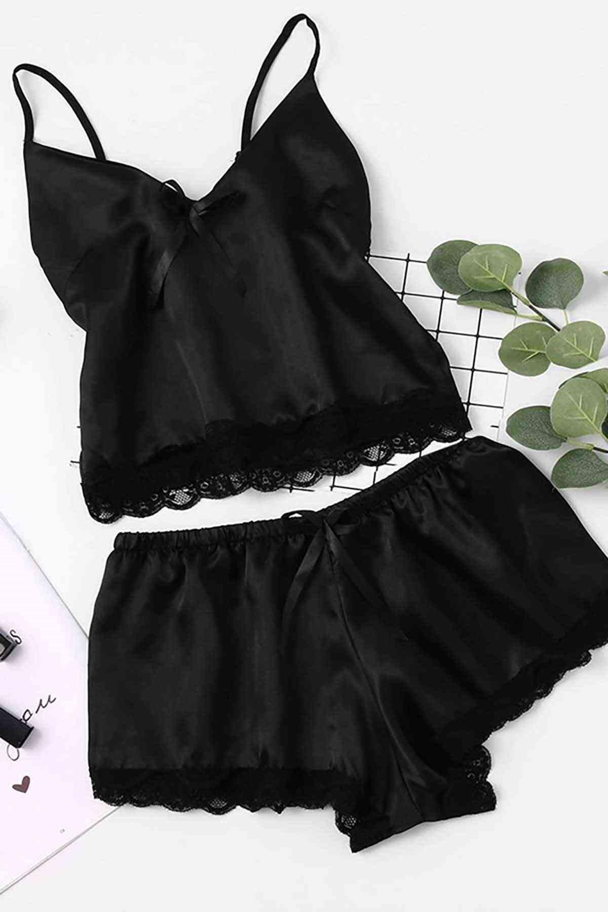Aria's Closet Saten Dantelli Şortlu Pijama Takım Siyah