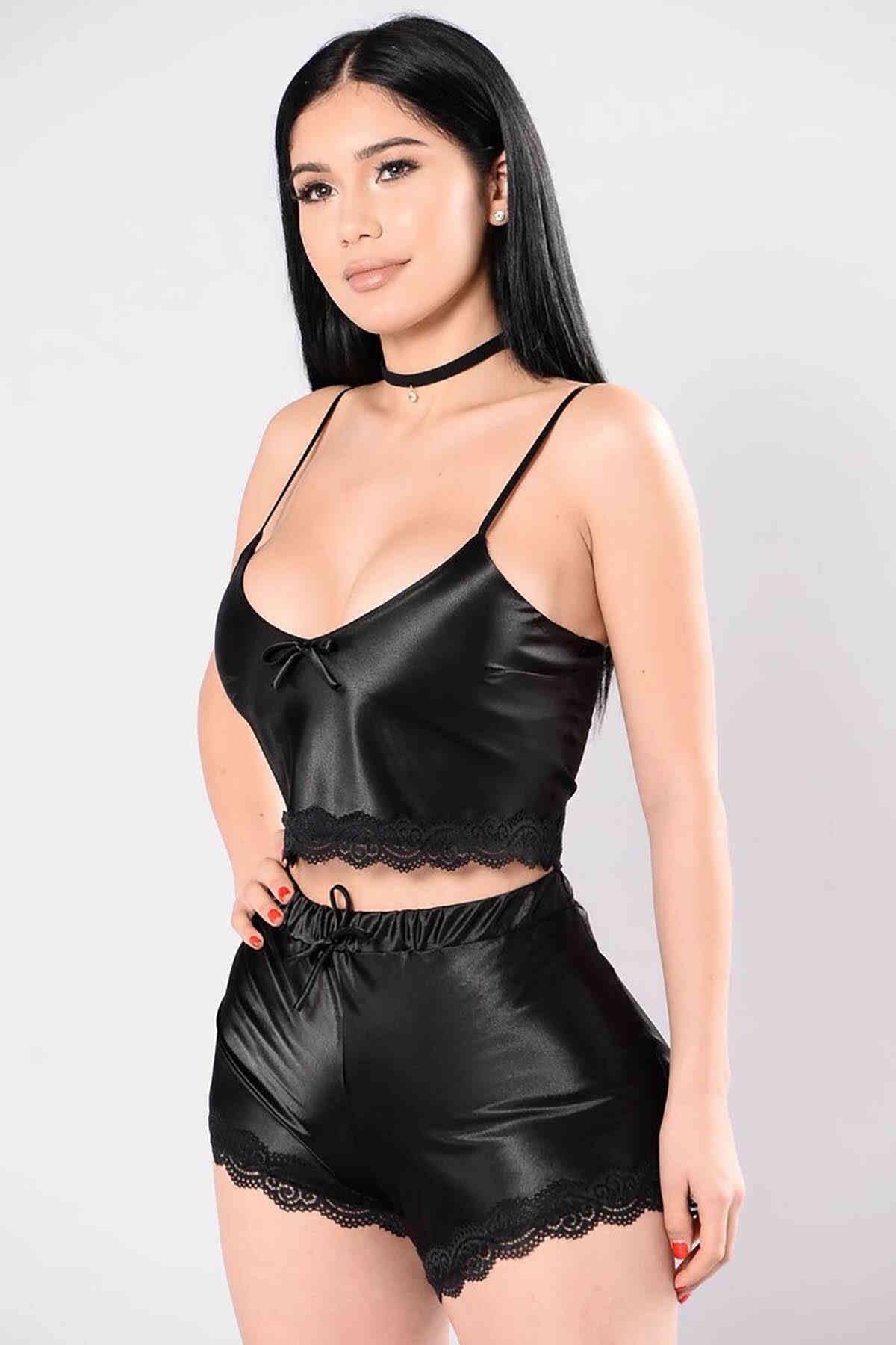Aria's Closet Saten Dantelli Şortlu Pijama Takım Siyah