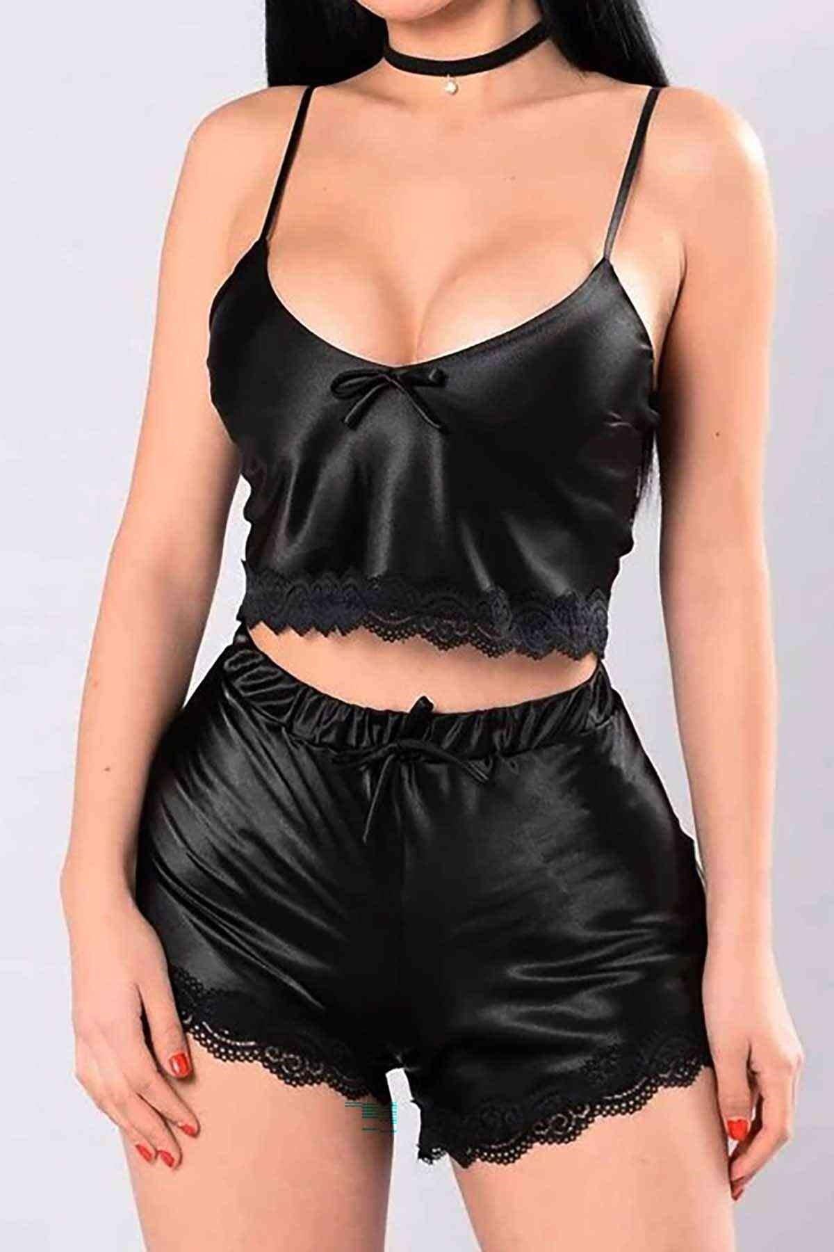 Aria's Closet Saten Dantelli Şortlu Pijama Takım Siyah