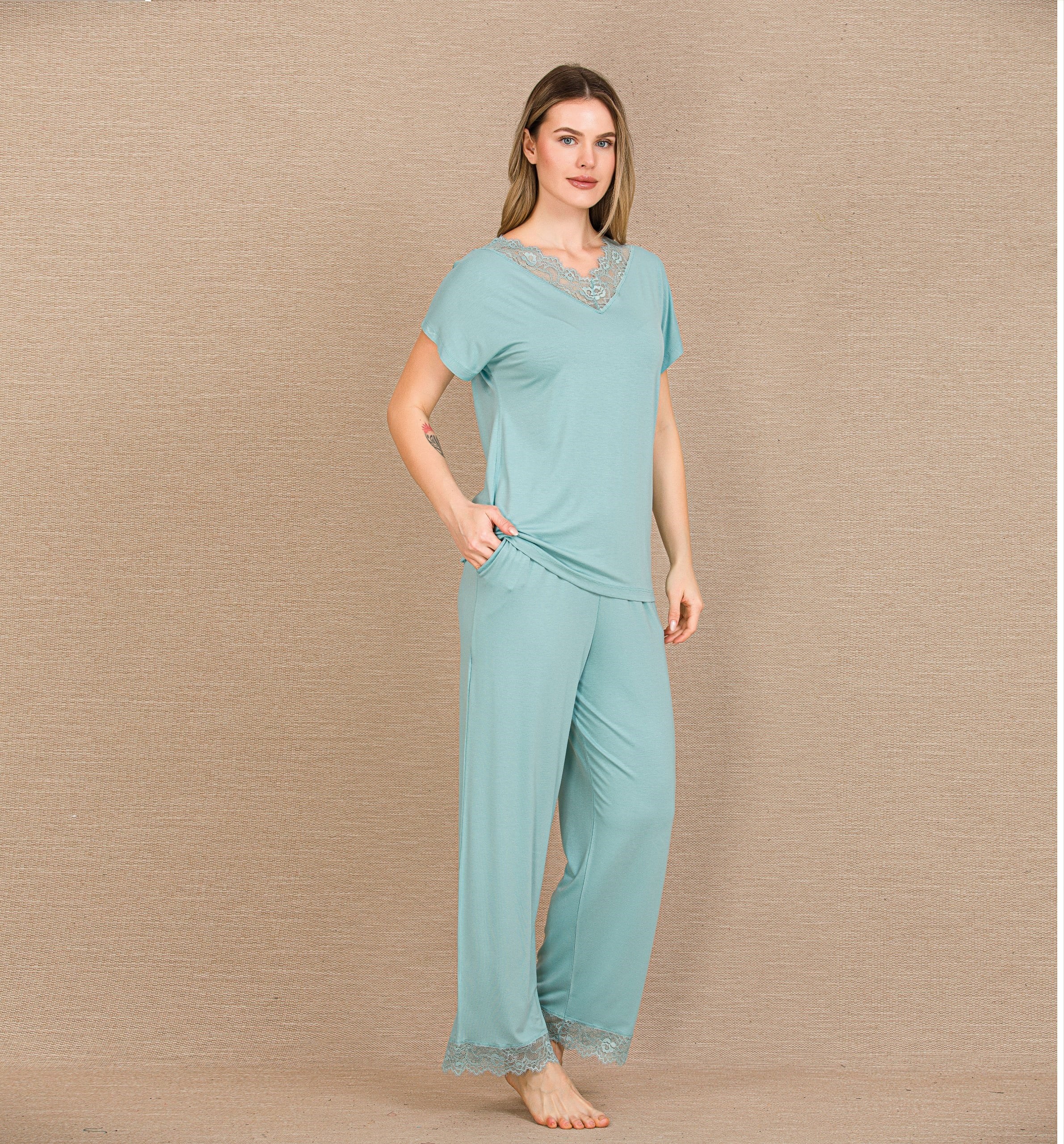 Arias Closet Viskon Şık Tasarım Dantel İşlemeli Mint Yeşil Kısa Kol Pijama Takımı