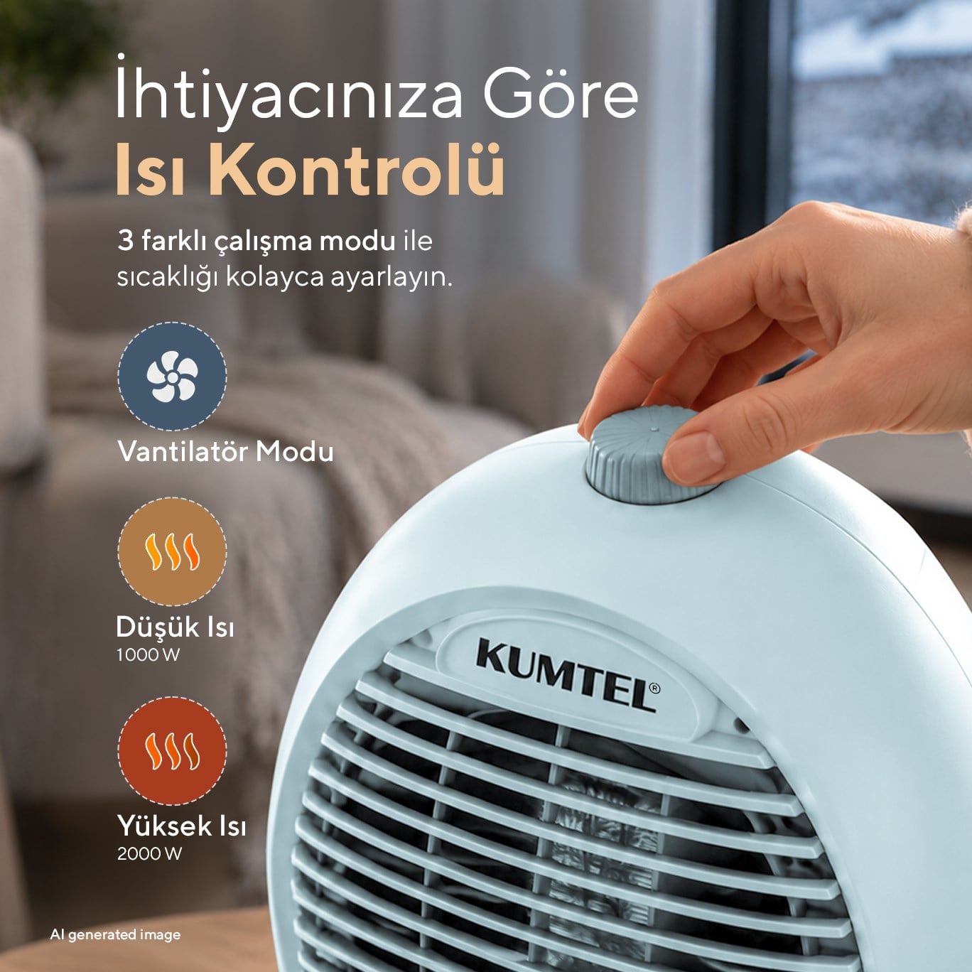 Kumtel 2000 W 3 Kademeli Sıcak-Soğuk Üflemeli Elektrikli Fanlı Isıtıcı Mavi LX-6331