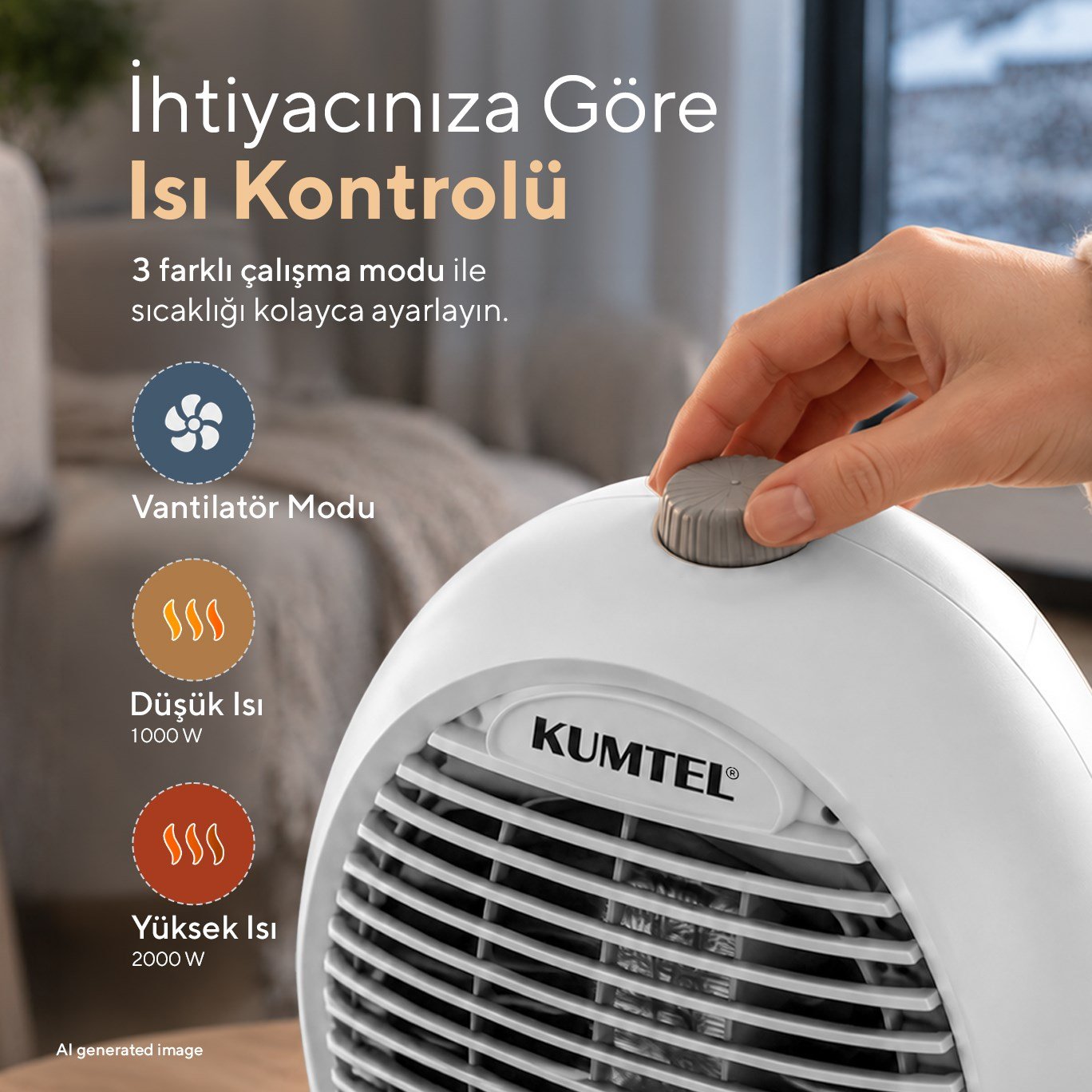 Kumtel 2000 W 3 Kademeli Sıcak-Soğuk Üflemeli Elektrikli Fanlı Isıtıcı Gri LX-6331