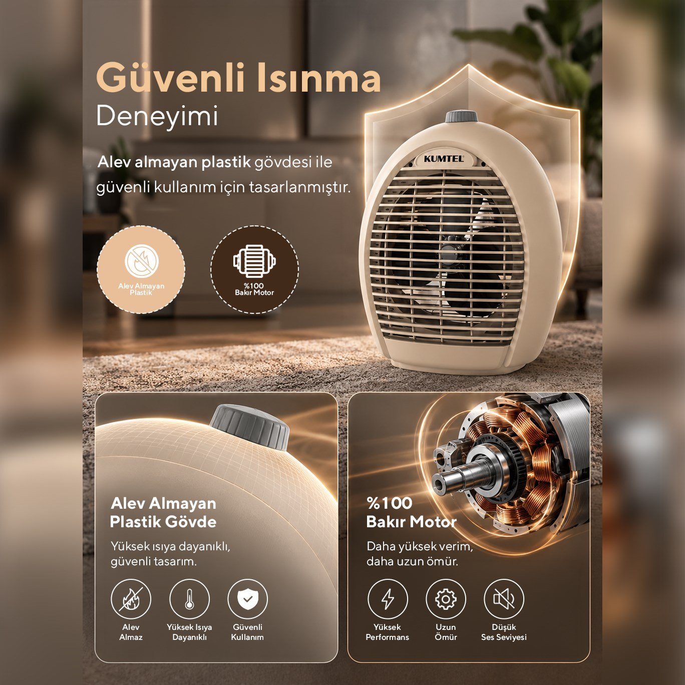 Kumtel 2000 W 3 Kademeli Sıcak-Soğuk Üflemeli Elektrikli Fanlı Isıtıcı Bej LX-6331