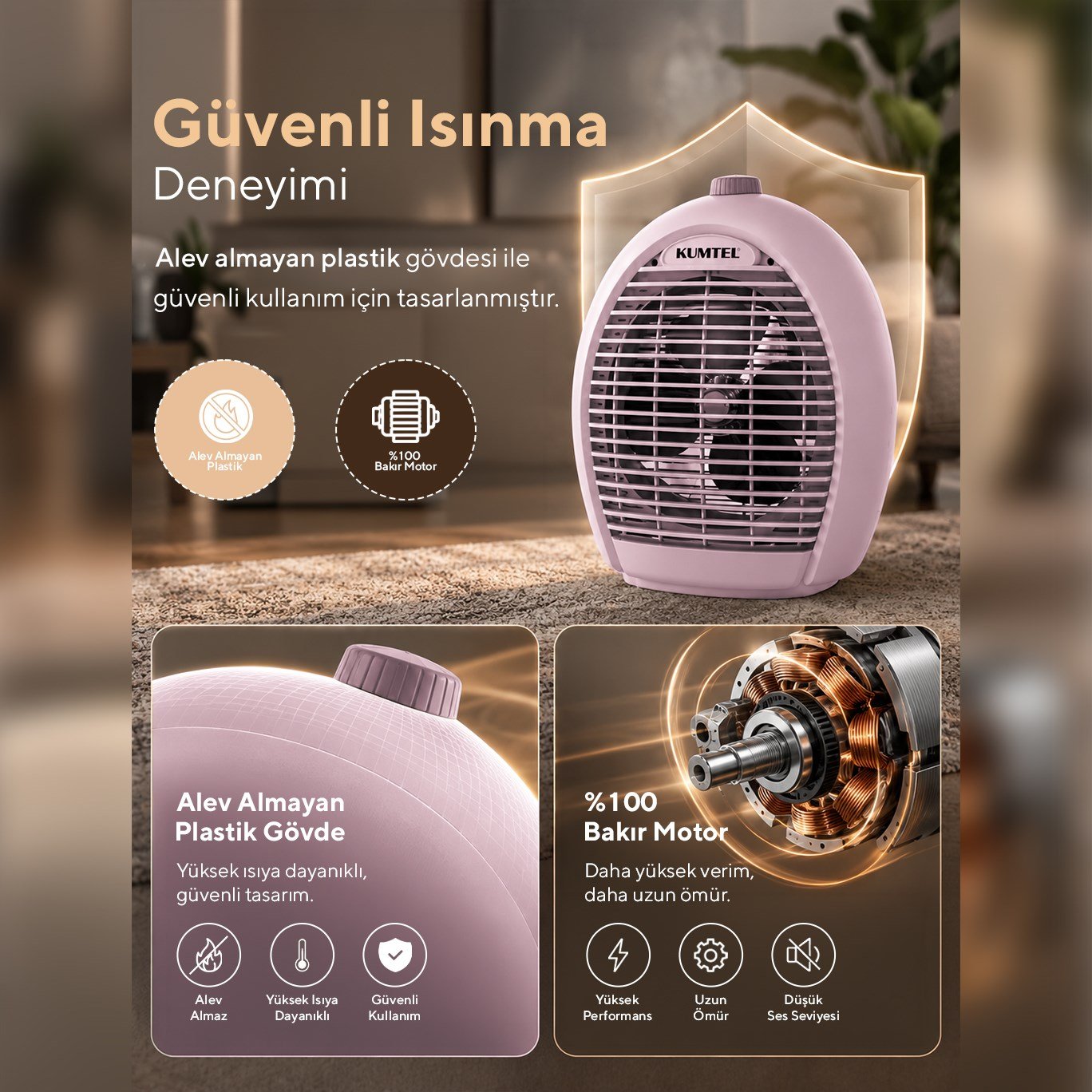 Kumtel 2000 W 3 Kademeli Sıcak-Soğuk Üflemeli Elektrikli Fanlı Isıtıcı Pembe LX-6331