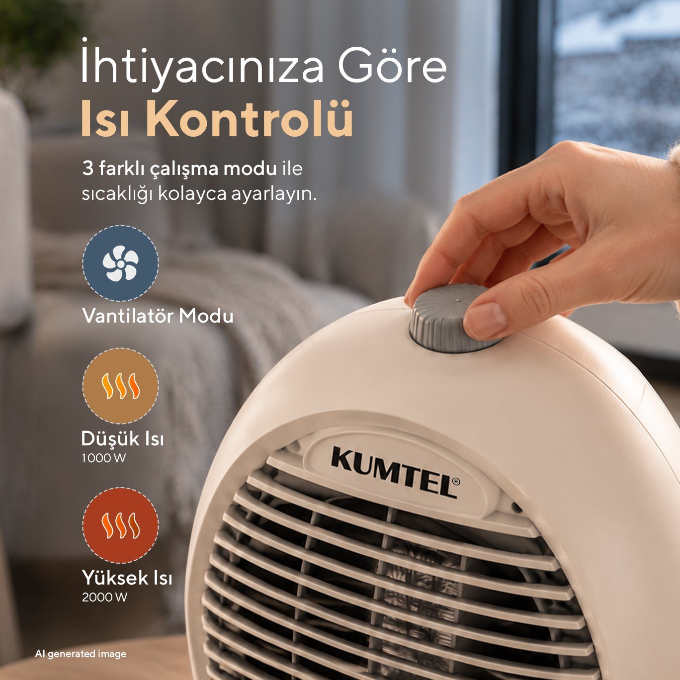 Kumtel 2000 W 3 Kademeli Sıcak-Soğuk Üflemeli Elektrikli Fanlı Isıtıcı Bej LX-6331