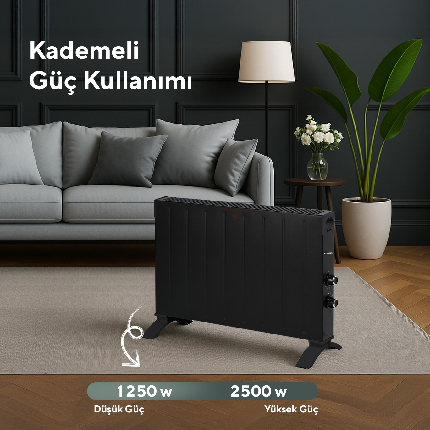 Kumtel 2500 W 2 Kademeli Termostatlı Siyah Konvektör Isıtıcı HC-2947