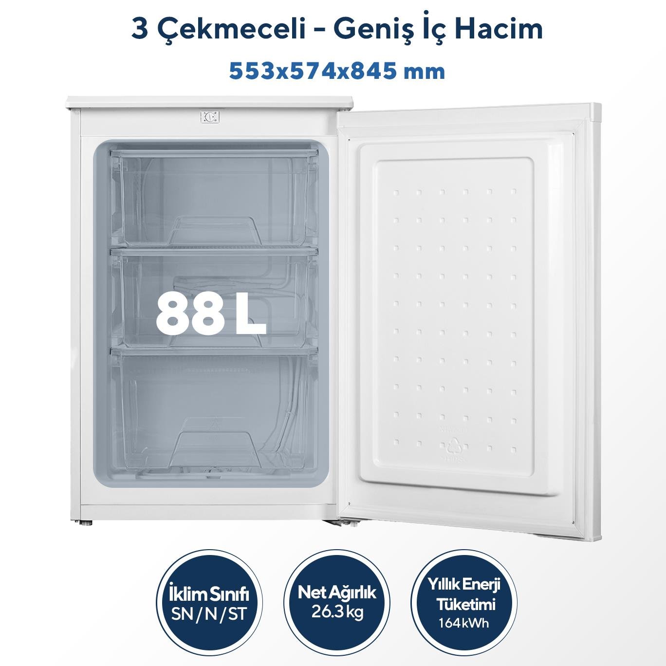 Kumtel 3 Çekmeceli Dikey Derin Dondurucu 88L HFR-100