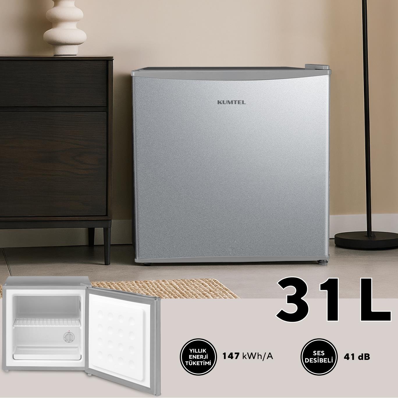 KUMTEL 31L Mini Dondurucu Silver HFR-50SL