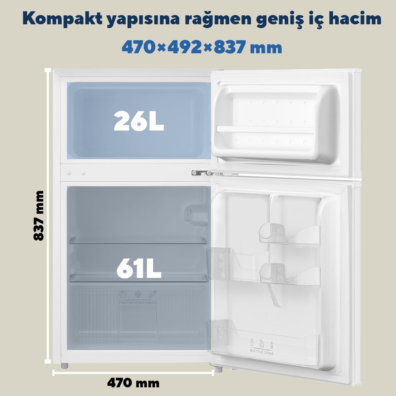 KUMTEL 87L MİNİ BUZDOLABI BEYAZ HTMF-90EW