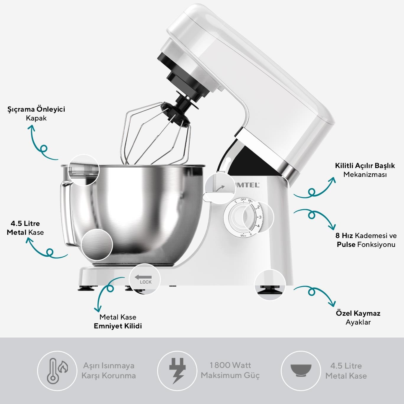 Kumtel Beyaz Hamur Yoğurma 1800Watt 4.5Lt Dondurma Yapma Aprt. SM-02