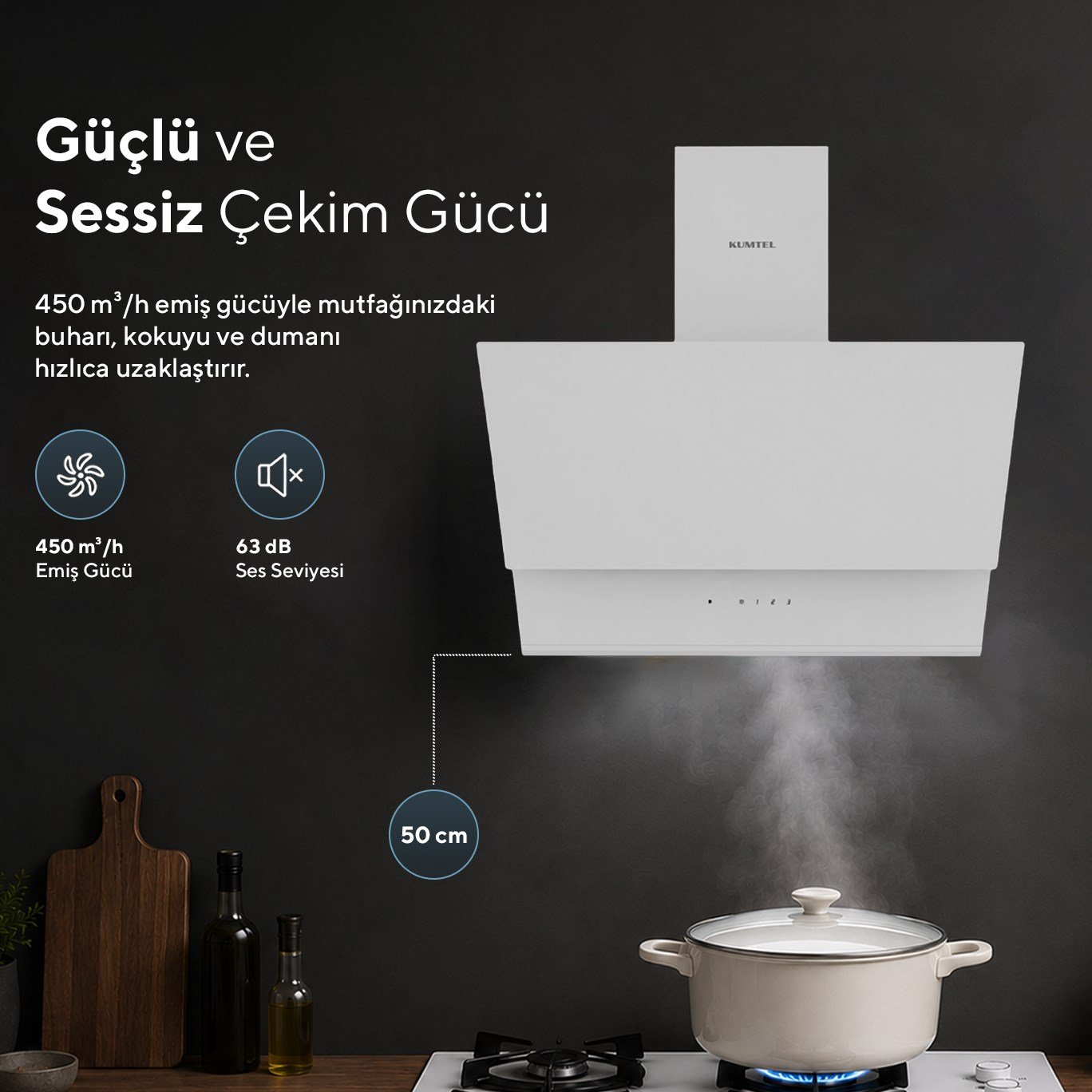 Kumtel DA5-895 Beyaz Dokunmatik Cam Davlumbaz 50 cm