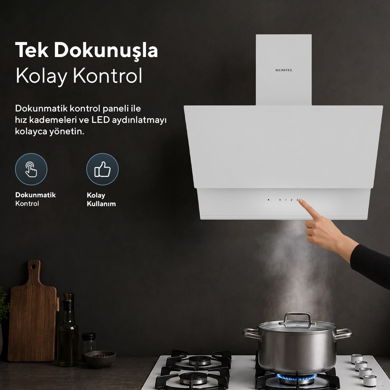 Kumtel DA6-895 Beyaz Dokunmatik Cam Davlumbaz 50 cm