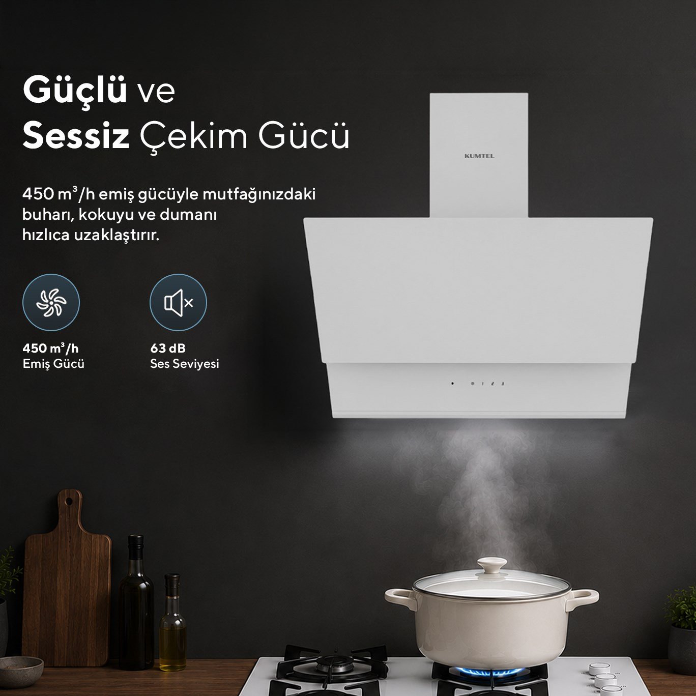 Kumtel DA6-895 Beyaz Dokunmatik Cam Davlumbaz 50 cm