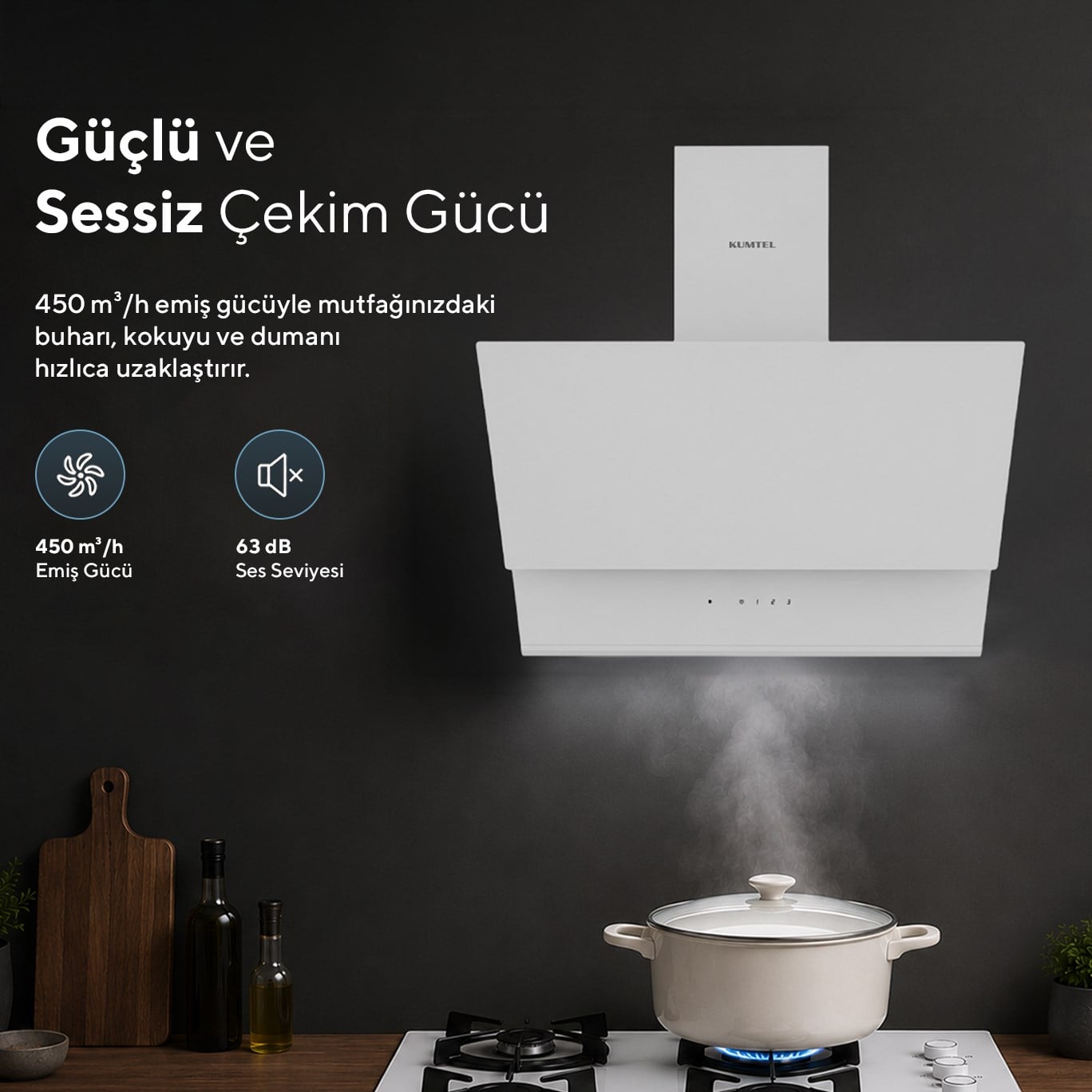 Kumtel DA6-895 Beyaz Dokunmatik Cam Davlumbaz 50 cm