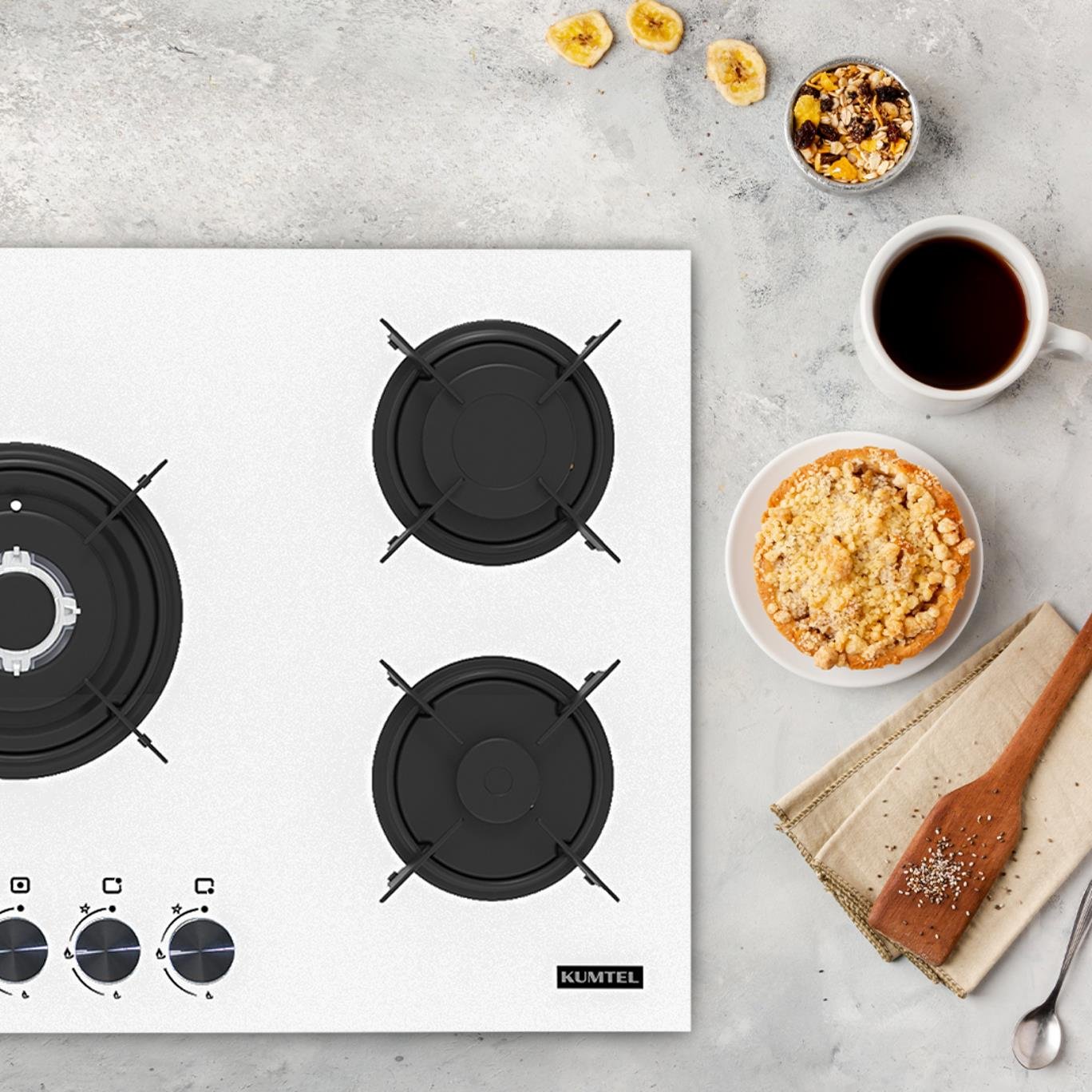 Kumtel Döküm Izgaralı 5'li Beyaz Cam Ankastre Ocak C9-50WF