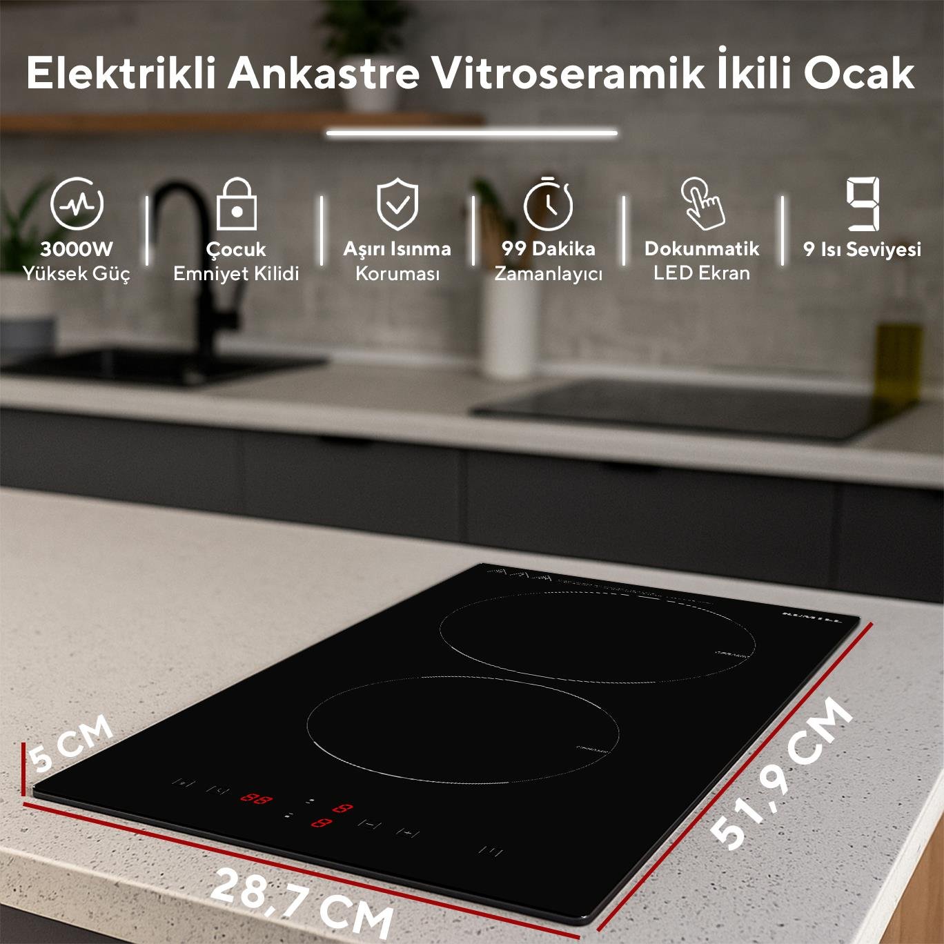 Kumtel Elektrikli Vitroseramik Siyah Cam İkili Ankastre Ocak HV3-02