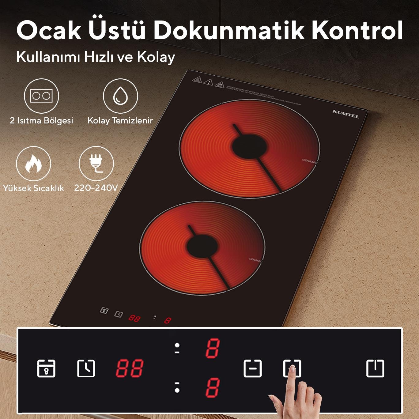 Kumtel Elektrikli Vitroseramik Siyah Cam İkili Ankastre Ocak HV3-02
