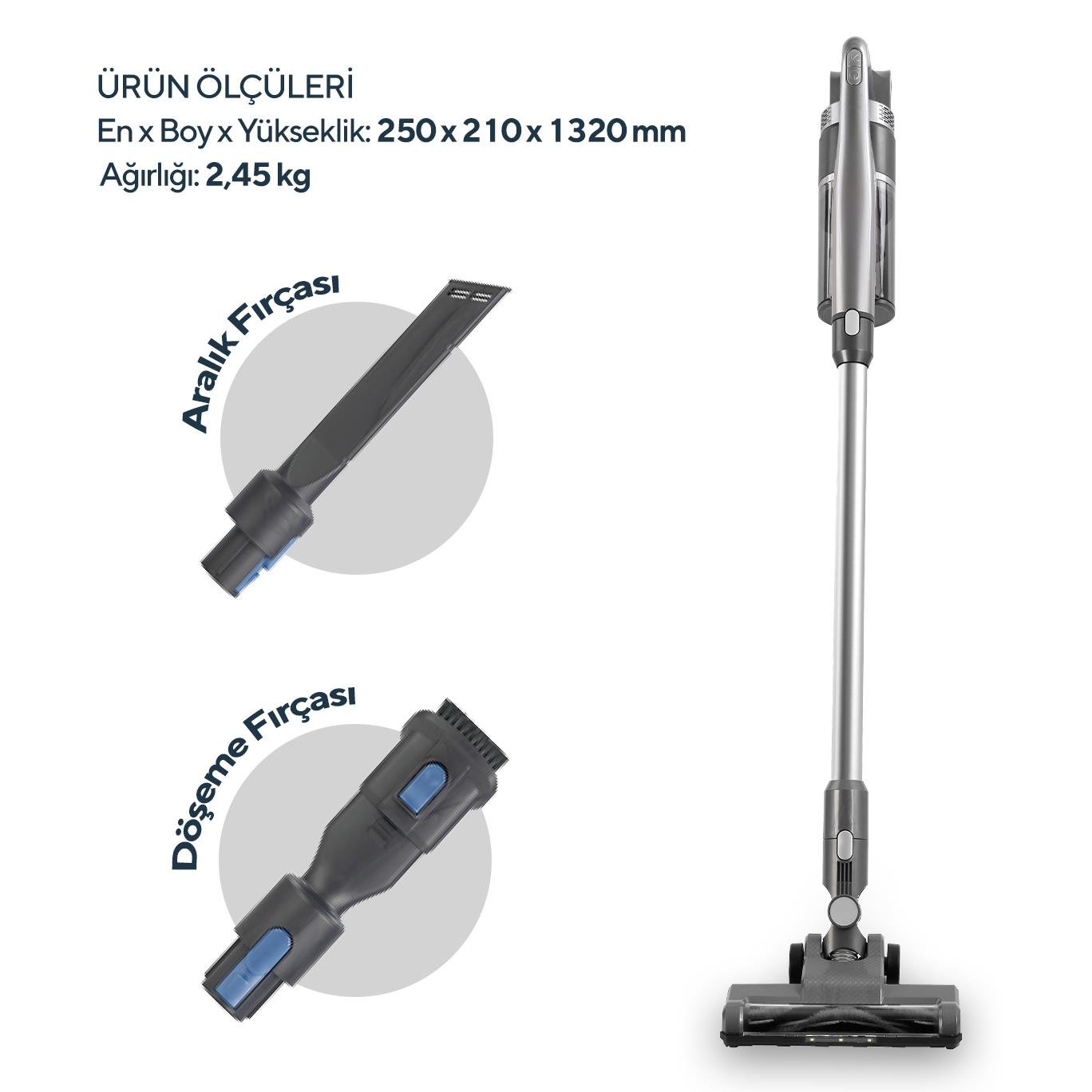 Kumtel Gri Kablosuz Şarjlı Dik Süpürge HVC-14