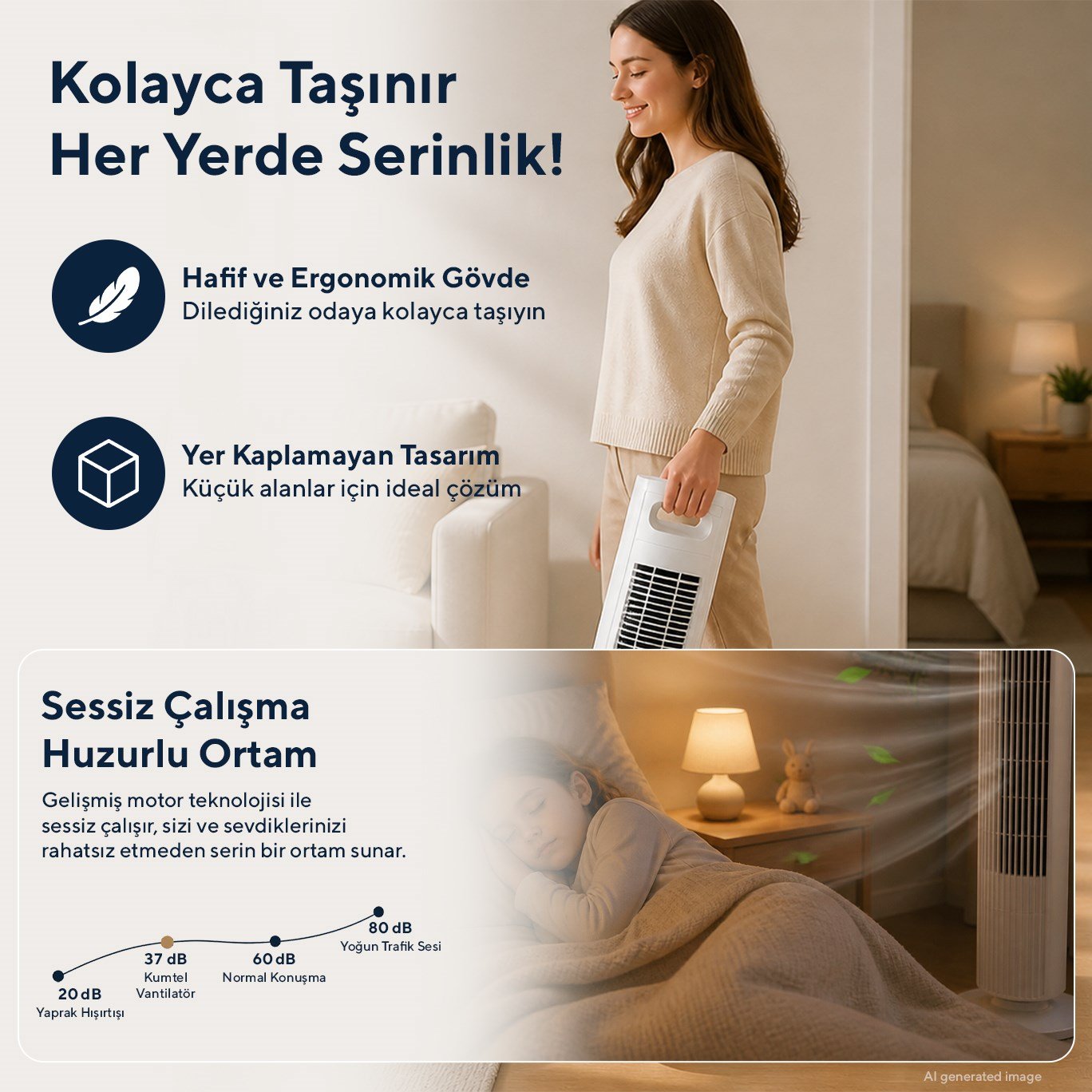 Kumtel KTF-258W Kule Tipi Beyaz Vantilatör – 50W, Zaman Ayarlı, 3 Hız Kademeli, Sessiz Çalışma