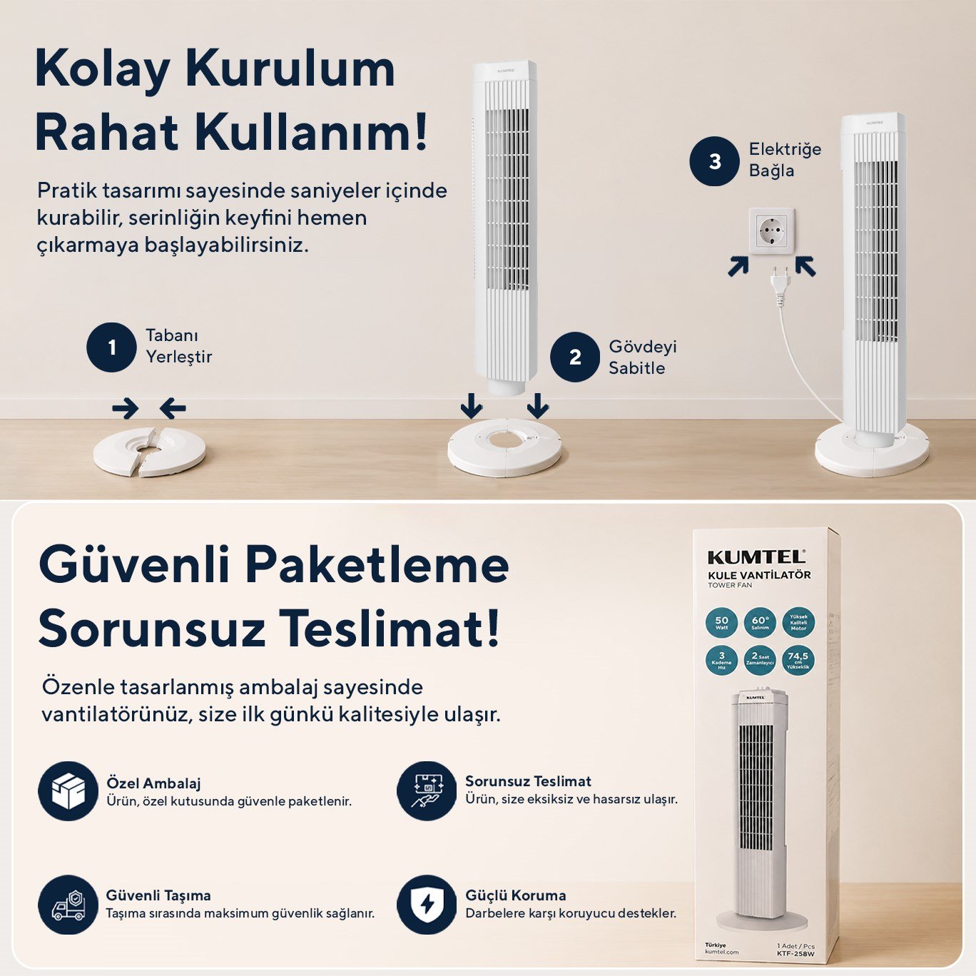 Kumtel KTF-258W Kule Tipi Beyaz Vantilatör – 50W, Zaman Ayarlı, 3 Hız Kademeli, Sessiz Çalışma