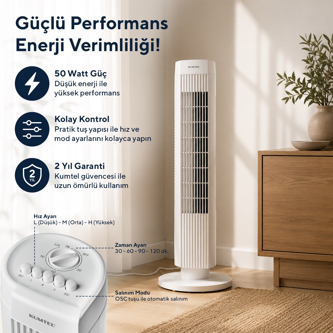 Kumtel KTF-258W Kule Tipi Beyaz Vantilatör – 50W, Zaman Ayarlı, 3 Hız Kademeli, Sessiz Çalışma