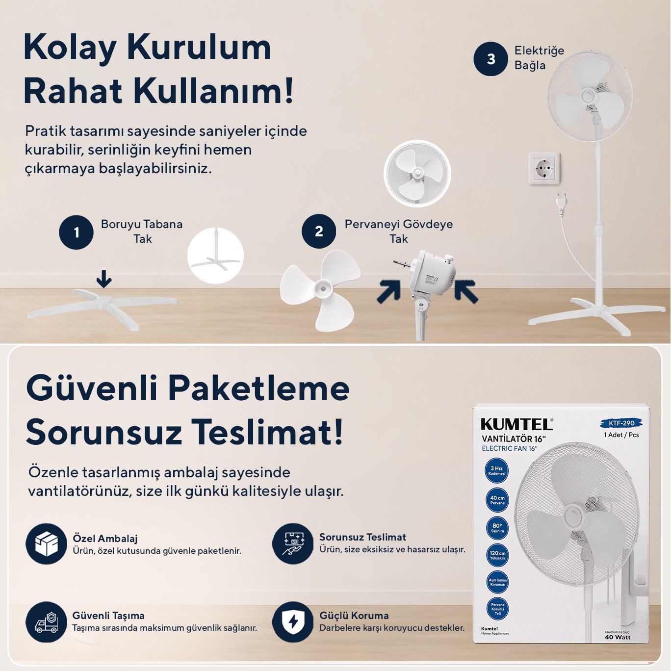 Kumtel KTF-290 Beyaz 16 İnç Ayaklı Vantilatör 40 W,3 Kanatlı, 3 Pervaneli, 120 cm Ayarlanabilir Yükseklik
