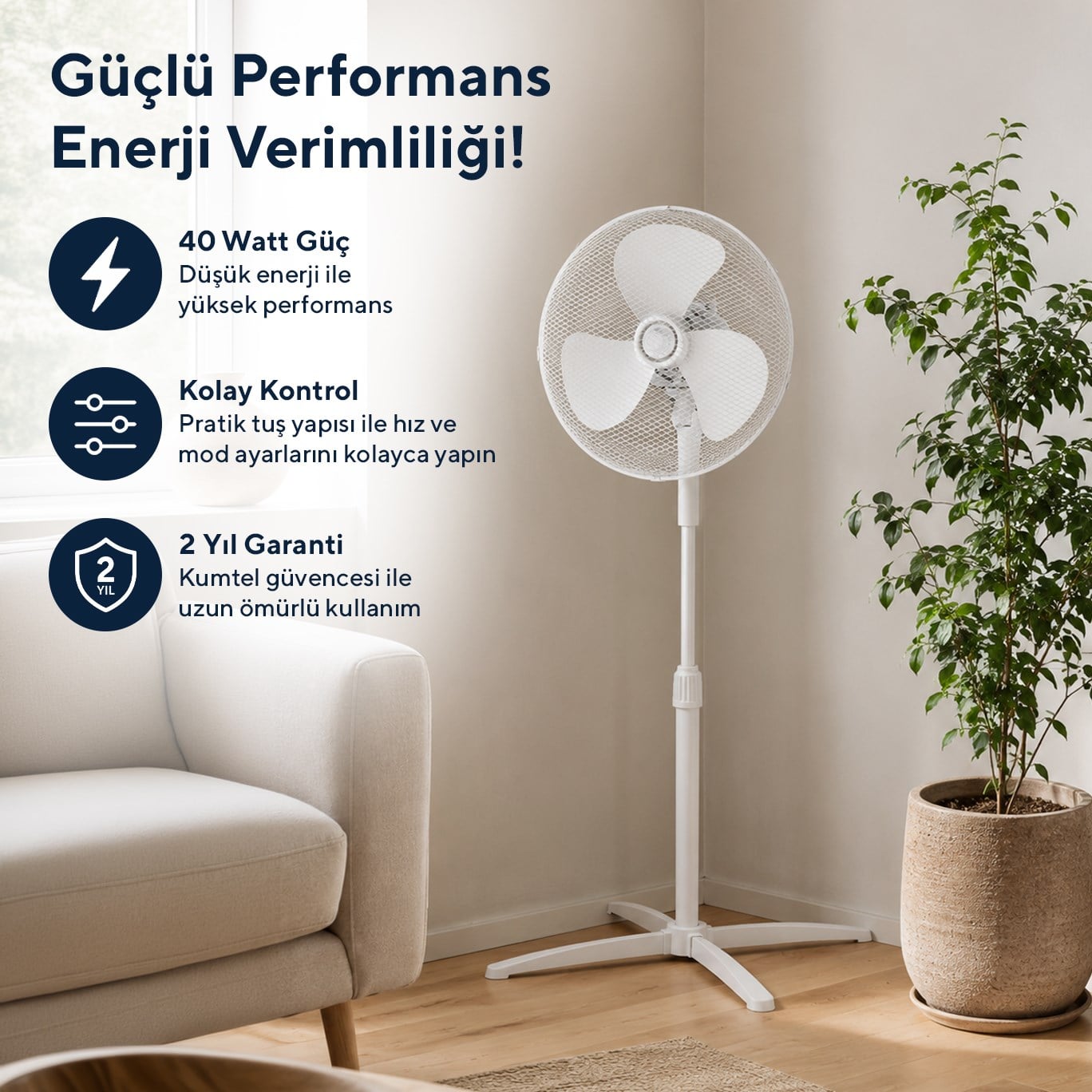 Kumtel KTF-290 Beyaz 16 İnç Ayaklı Vantilatör 40 W,3 Kanatlı, 3 Pervaneli, 120 cm Ayarlanabilir Yükseklik